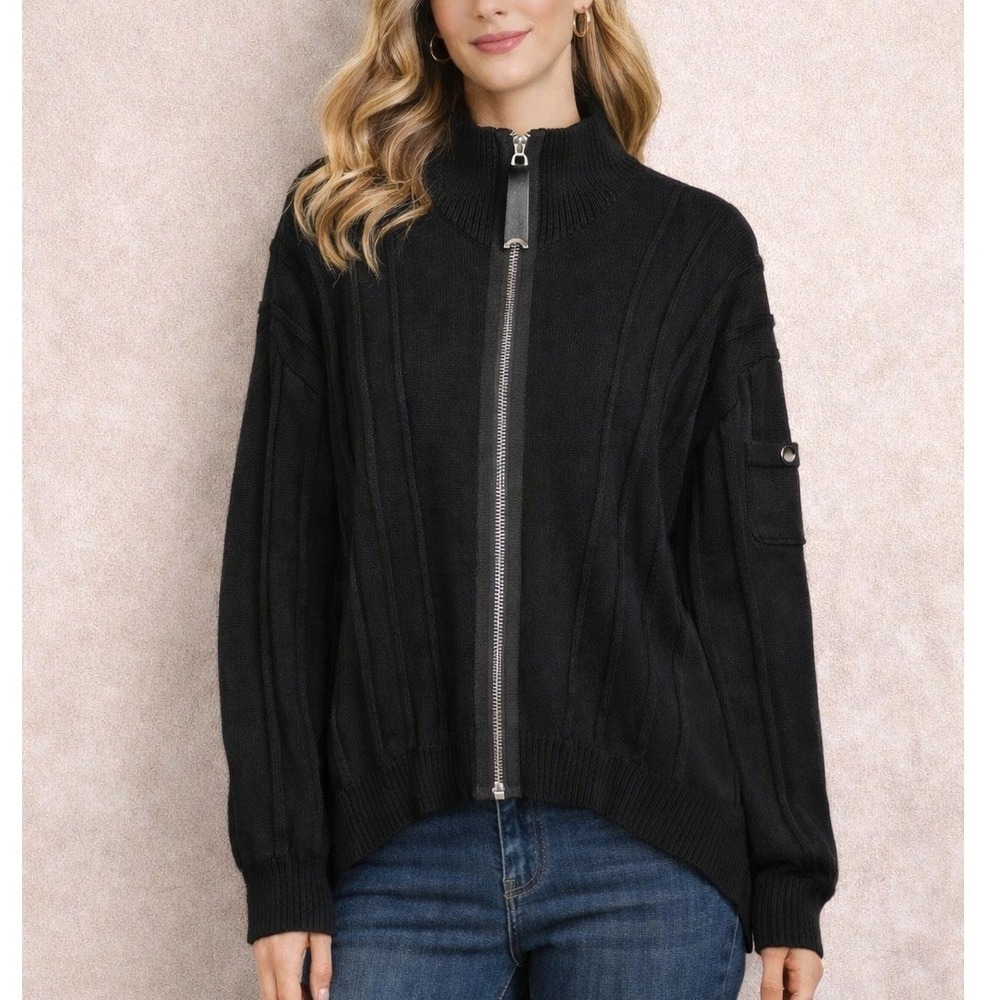 JAMIE SADOCK Full Zip Mock Neck Sweater Cardigan Sporty Rayon Nylon Black Sz‎ M